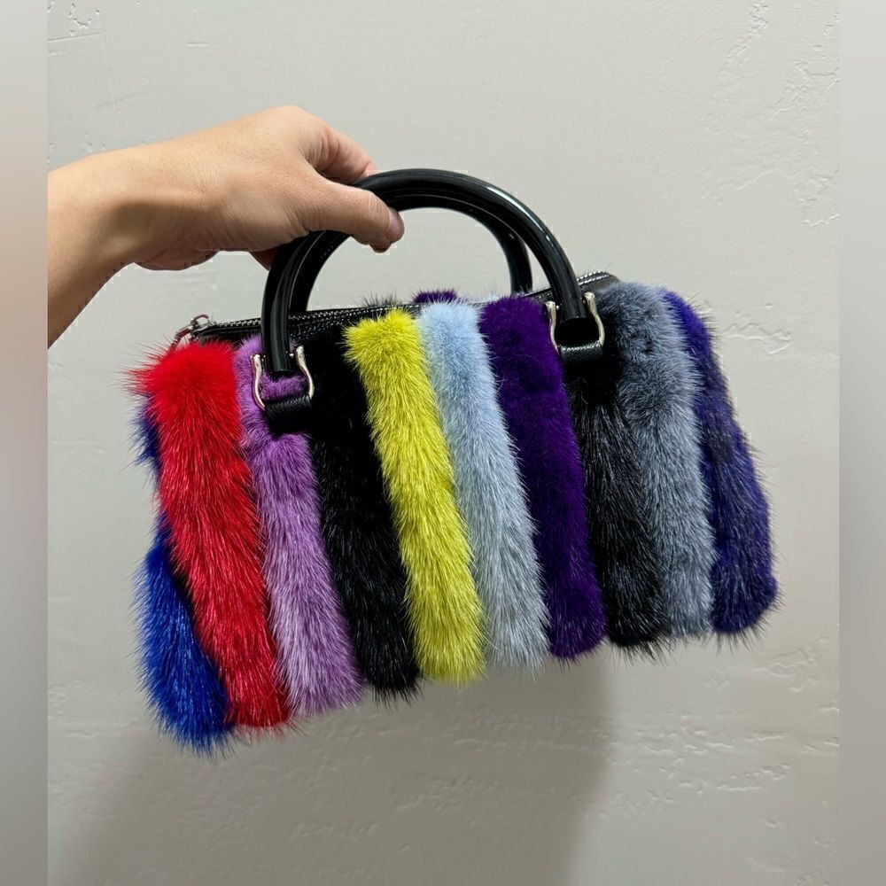 Multi Way Use Handmade Color-block Real Mink Fur Top Handles Satchel/Crossbody - Picture 4 of 16